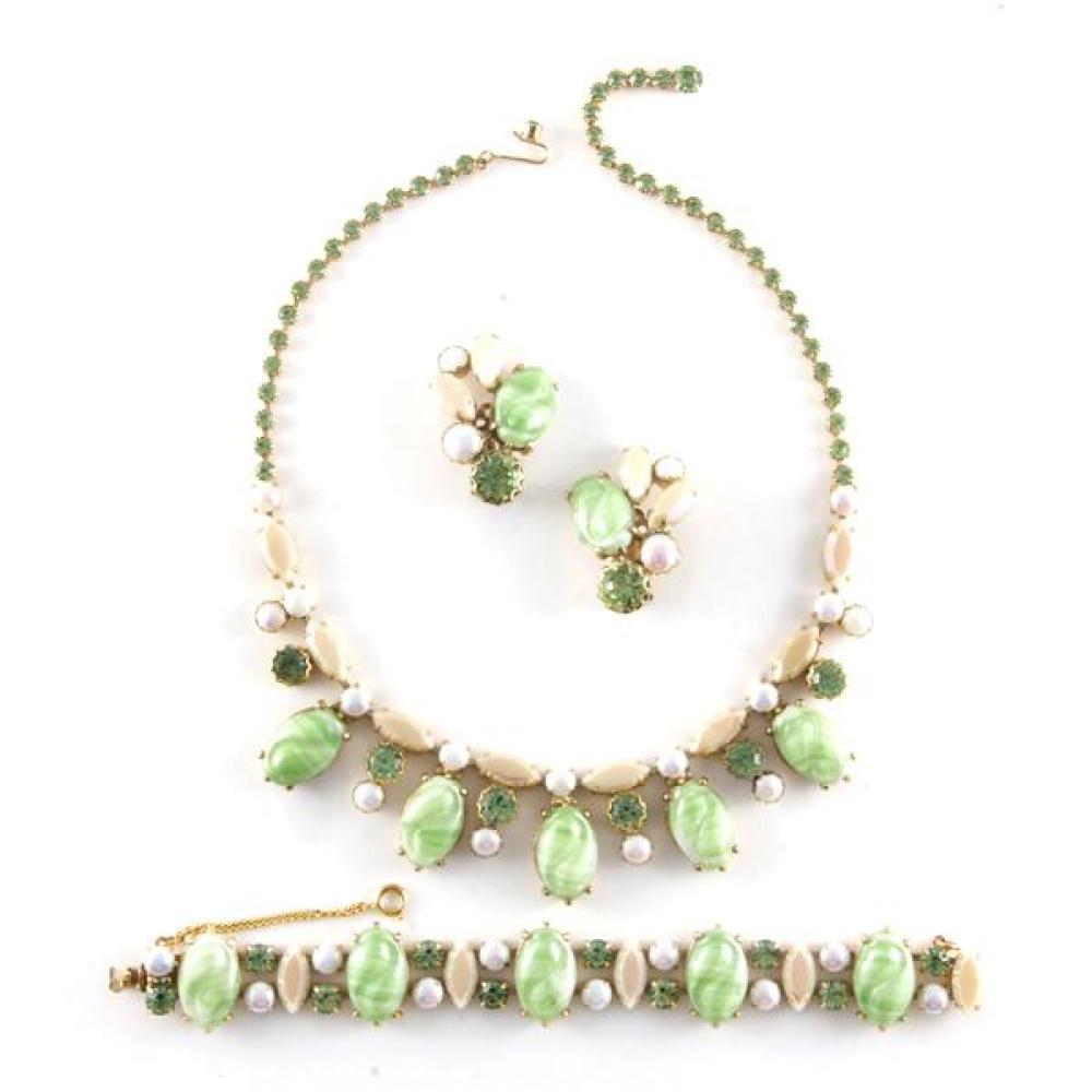 Appraisal: SCHIAPARELLI PARURE WITH MARBLEIZED MINT GREEN STONE NECKLACE BRACELET AND