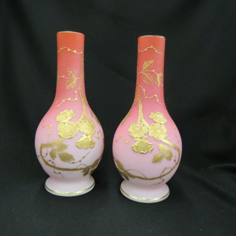 Appraisal: Pair of Webb Cranberry Satin Art Glass Vases gold floral