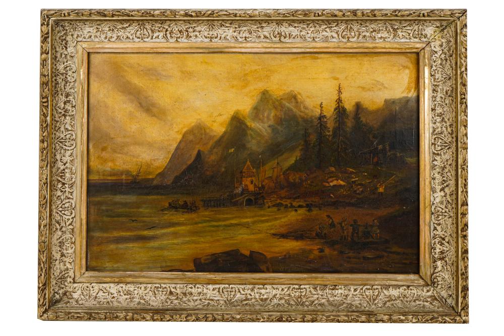 Appraisal: CONTINENTAL SCHOOL COASTAL SCENE WITH FIGURESoil on canvas signed lower