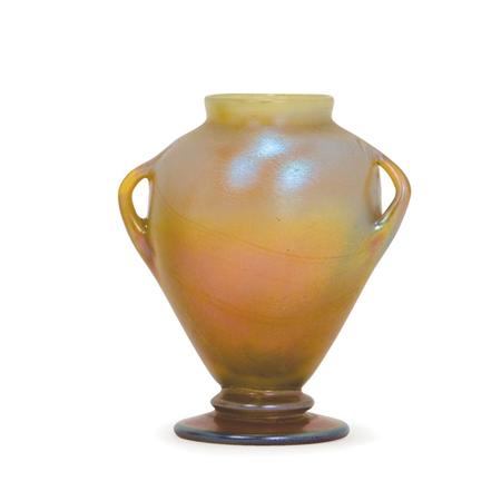 Appraisal: Tiffany Favrile Glass Two-Handled Footed Miniature Cabinet Vase Estimate -