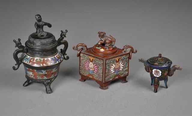 Appraisal: Chinese Cloisonne And Enamell CensorsTo include a cloisonn tri pod