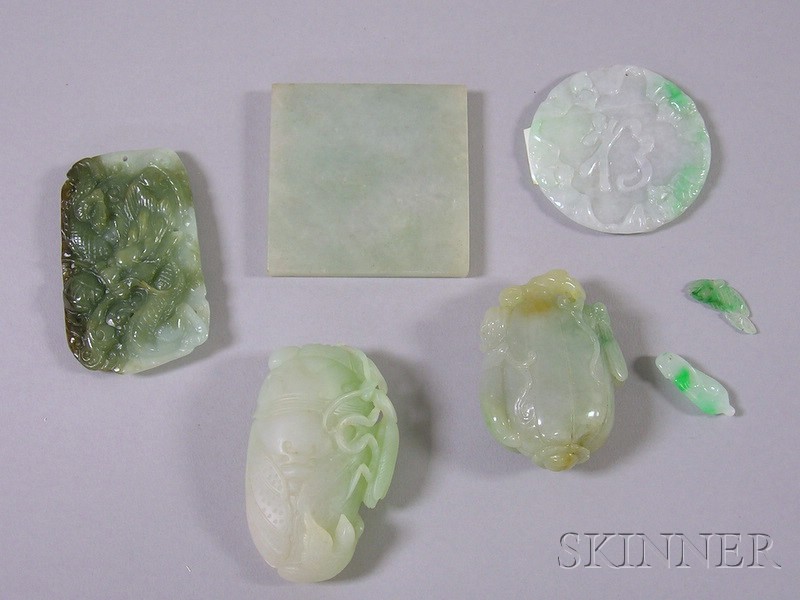 Appraisal: Six Carved Jade Pendants and Other Items a green rectangle