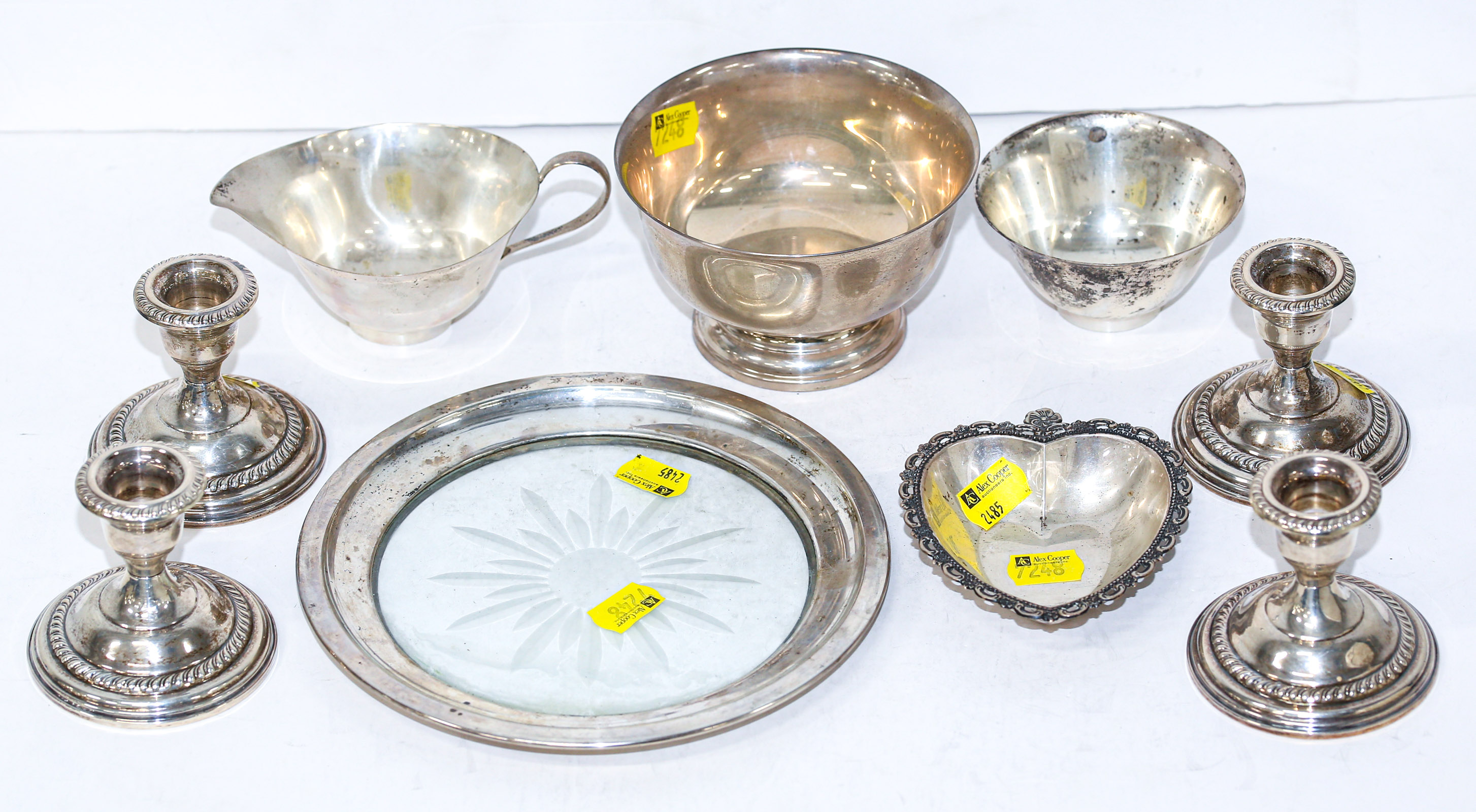 Appraisal: NINE PIECES OF WEIGHTED SILVER STERLING MOUNTED GLASS Including Fisher