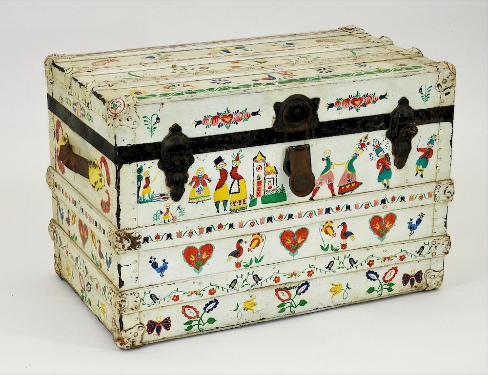 Appraisal: Attrib Peter Hunt Paint Decorated Folk Art Trunk Peter Hunt