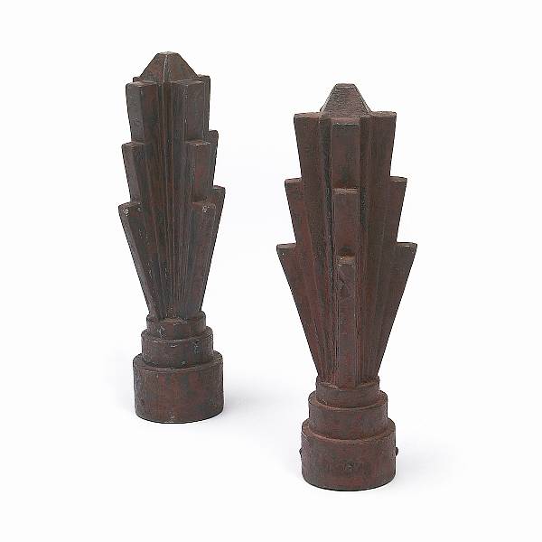 Appraisal: A pair of American Art Deco red painted cast-iron finials