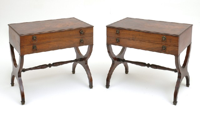 Appraisal: A PAIR OF REGENCY STYLE FLAME MAHOGANY SIDE TABLES Each