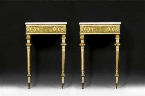 Appraisal: PAIR OF SMALL PAINTED CONSOLES late Louis XVI probably Frankfurt