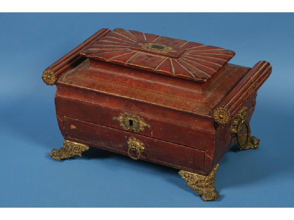 Appraisal: A REGENCY EMBOSSED LEATHER COVERED SEWING BOX the raised top