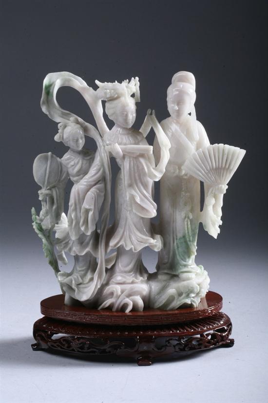 Appraisal: CHINESE WHITE AND GREEN JADE FIGURAL GROUP OF THREE MEIREN