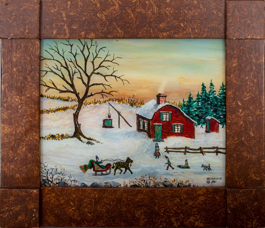 Appraisal: MILTON BOND RED HOUSE WINTER REVERSE PAINTING Milton Bond American