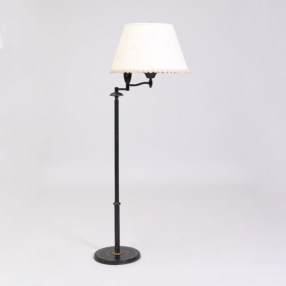 Appraisal: Modern Black Painted Metal Floor Lamp With a linen embroidered