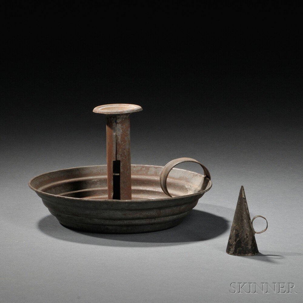 Appraisal: Tinware Chamberstick and Snuffer possibly Shaker made early th century