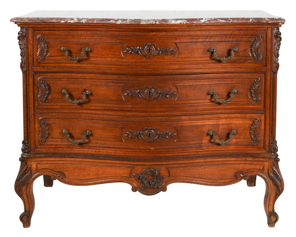 Appraisal: LOUIS XV-STYLE MARBLE-TOP COMMODEof serpentine outline with three drawers Condition