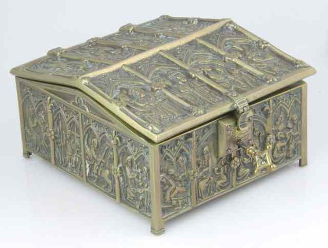 Appraisal: A Medieval style brass casket cast with figures in gothic