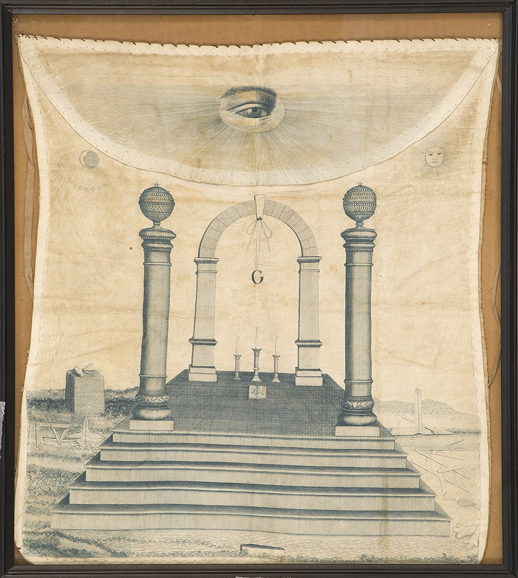 Appraisal: FRAMED ROYAL ARCH MASON APRON Circa sScene of raised columns