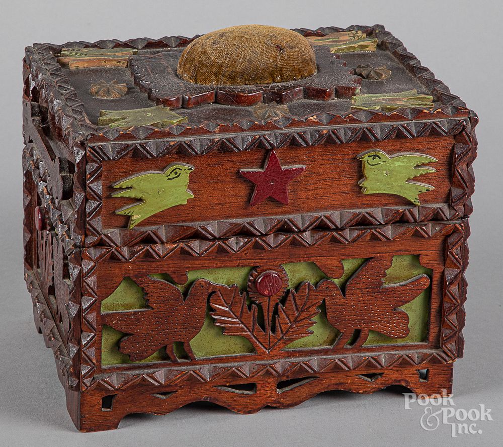 Appraisal: Painted tramp art sewing box late th c Painted tramp