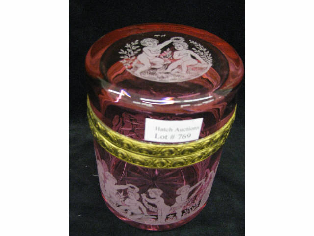 Appraisal: Cranberry Art Glass Dresser Box with putti at play tall