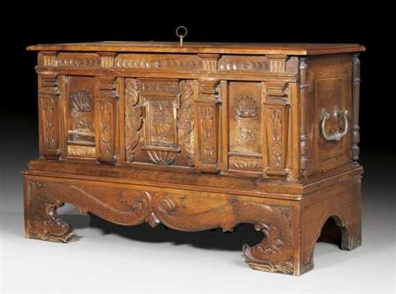 Appraisal: IMPORTANT WALNUT COFFER Renaissance dated Neuch tel With salient lid