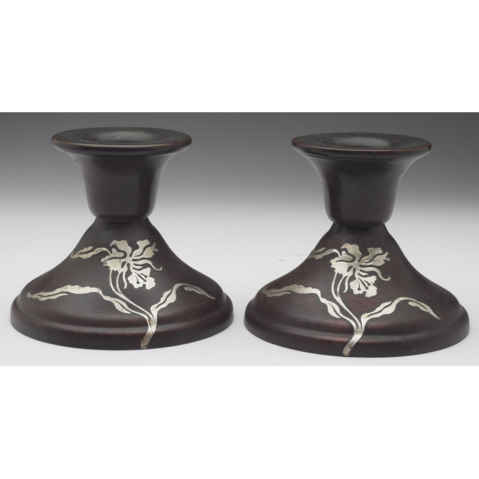 Appraisal: Heintz candlesticks pair sterling on bronze applied orchid design original