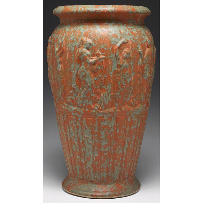 Appraisal: Burly Winter floor vase several figures in relief covered in