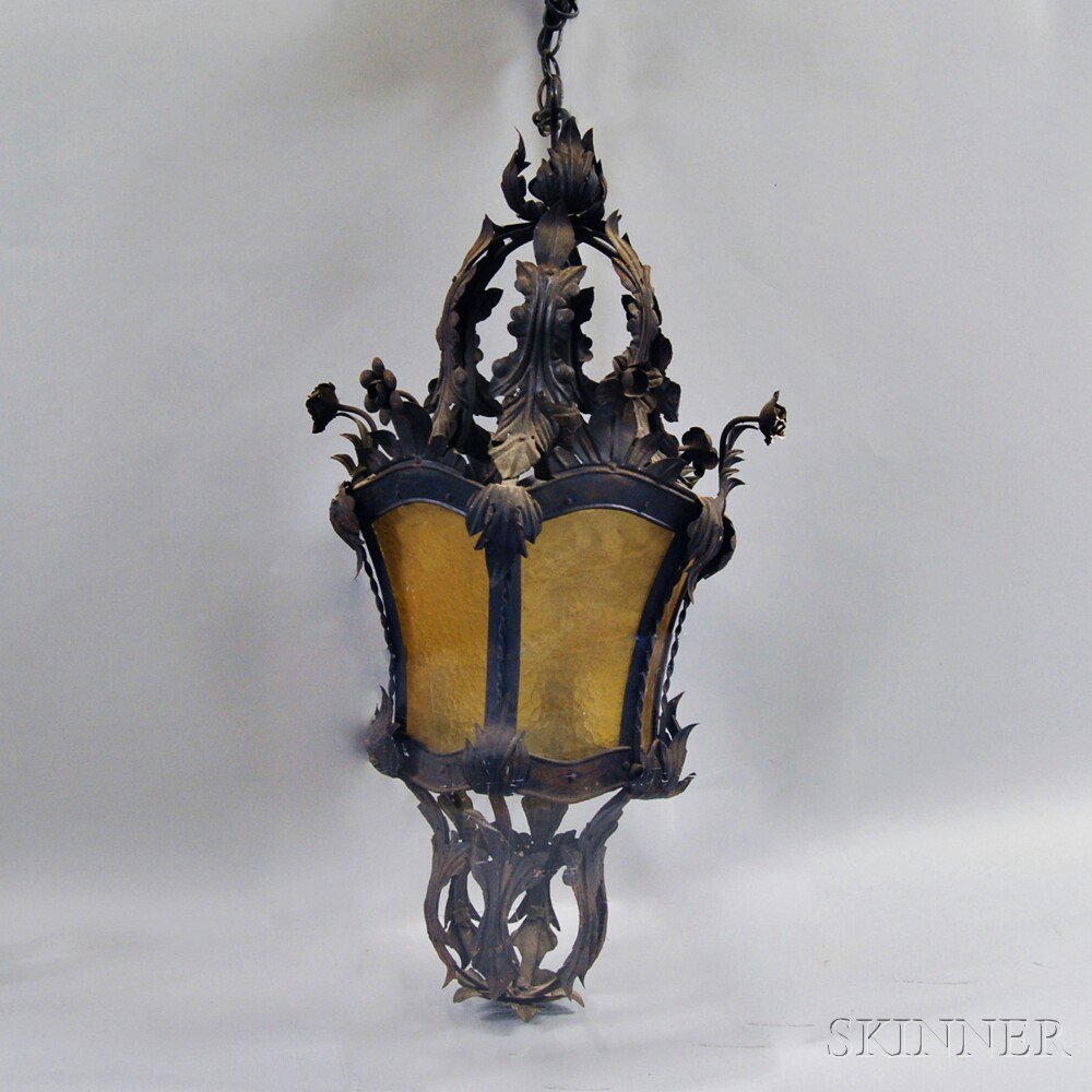 Appraisal: Molded Brass and Glass Hanging Lamp hexagonal form with foliate-