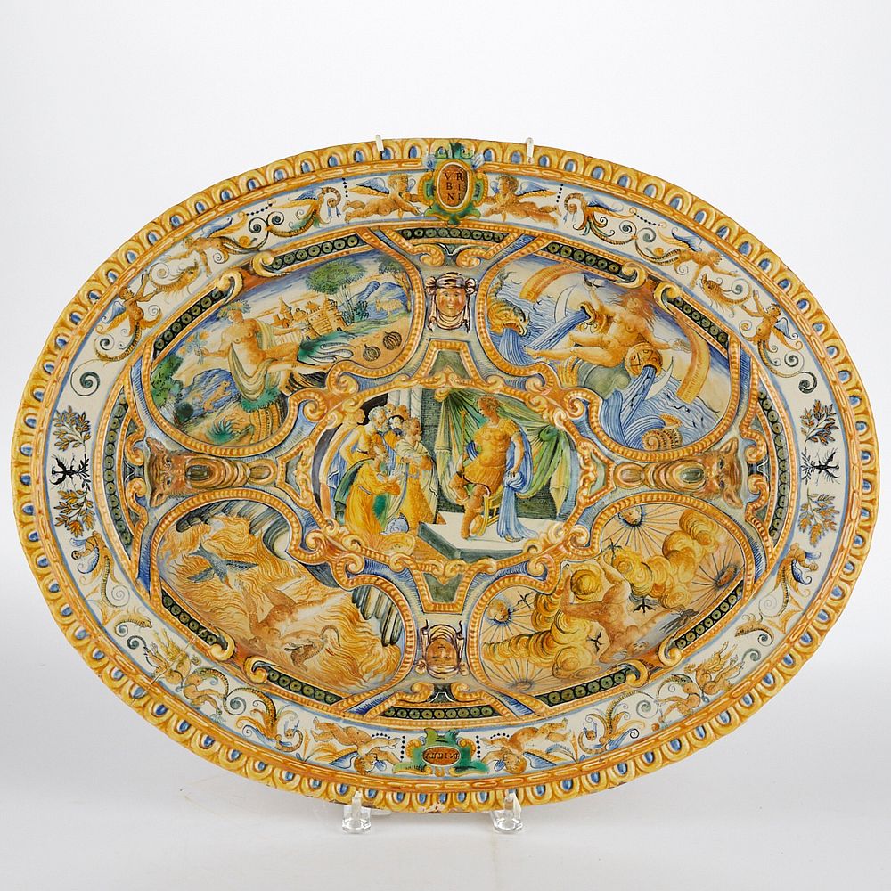 Appraisal: Italian Urbino Majolica Platter Italian Majolica platter Polychrome tin glazed