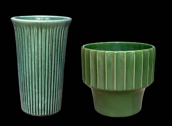 Appraisal: Two American green glazed earthenware vases s- s The first