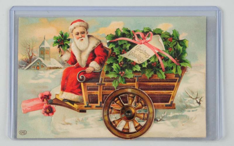 Appraisal: Santa Mechanical Postcard Santa in cart Bird folds out with