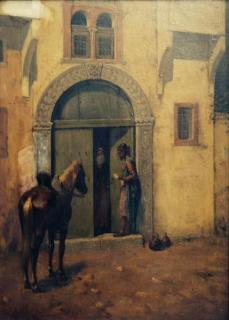 Appraisal: PASINI Alberto Oil on Panel Orientalist Scene Messenger in Doorway