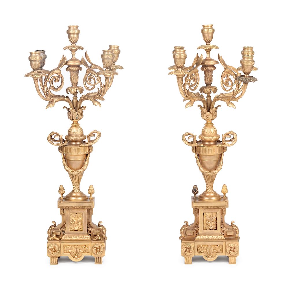 Appraisal: A Pair of Gilt Metal Five-Light Candelabra Height inches A