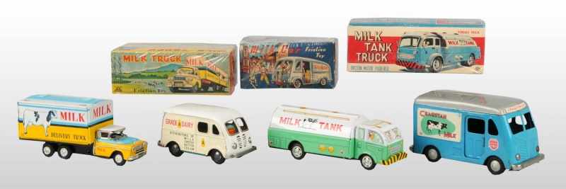 Appraisal: Lot of Tin Litho Milk Truck Friction Toys Description Japanese