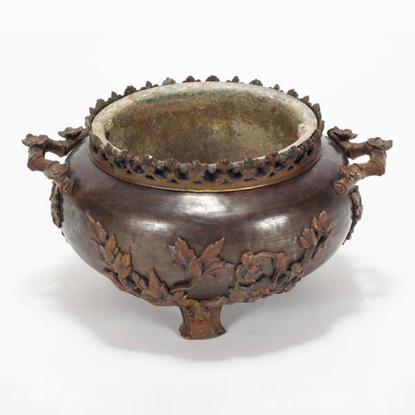 Appraisal: Japanese bronze jardiniere with applied floral branches and bamboo handles