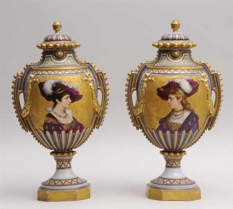 Appraisal: PAIR OF FRENCH PORCELAIN PICTORIAL VASES AND COVERS Each signed