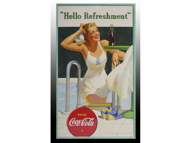 Appraisal: Large Vertical Coca-Cola Poster Description Beautiful artwork with bathing girl