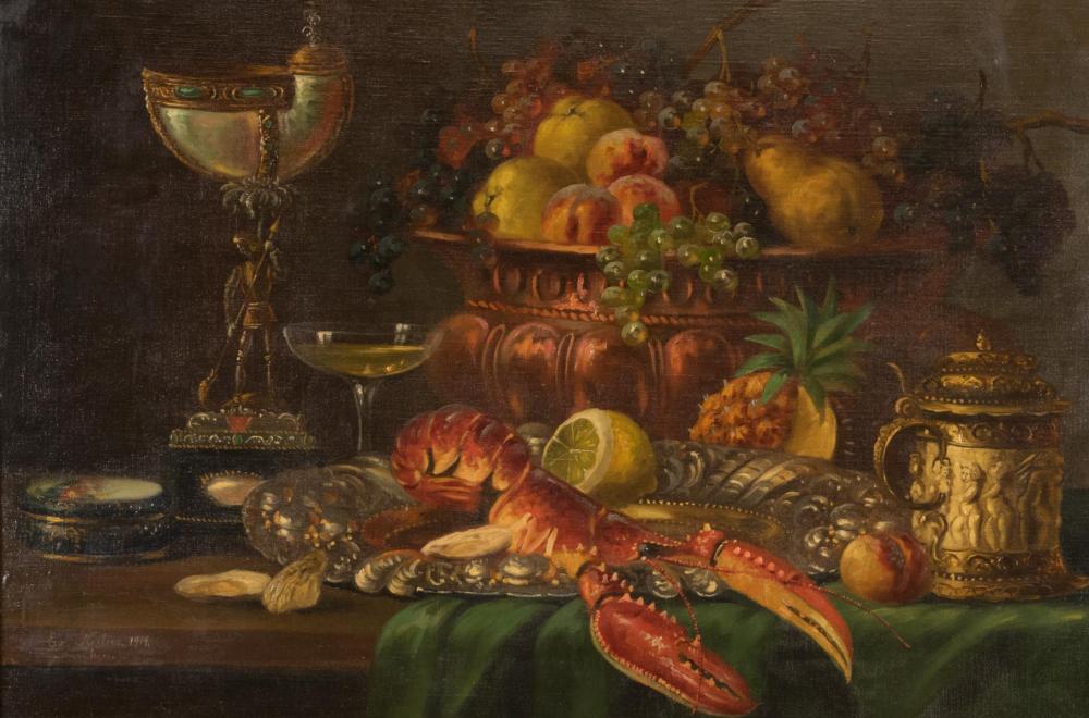 Appraisal: EDUARD HUBER Germany - oil on board table-top still-life with