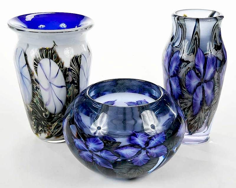 Appraisal: Three Lotton Art Glass Floral Motif Vases American late th