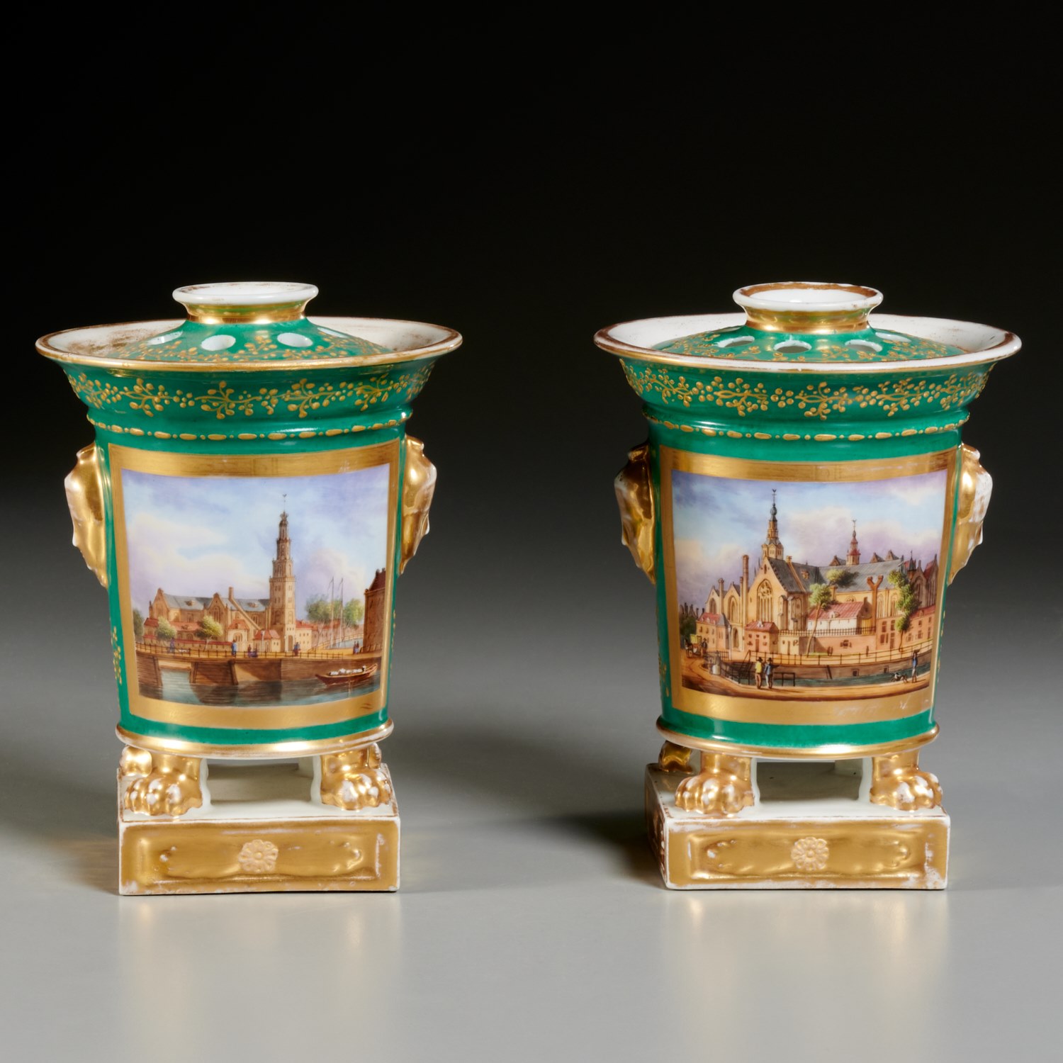 Appraisal: PAIR OLD PARIS TOPOGRAPHICAL POTPOURI VASES th c France gilt