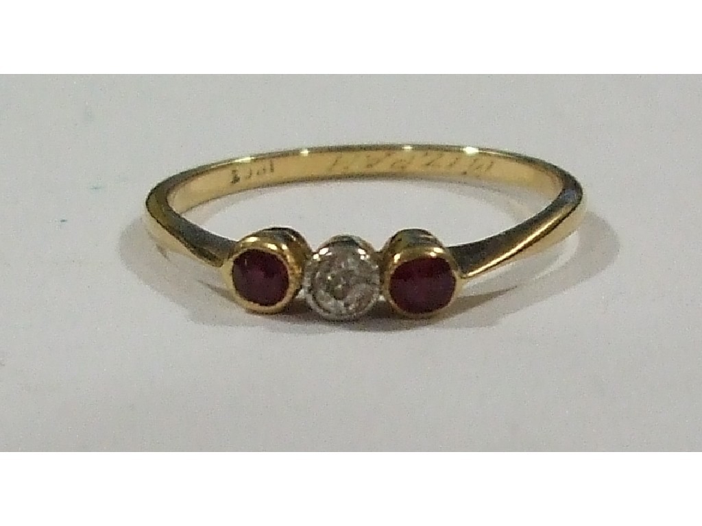 Appraisal: Nineteen thirties ct gold ruby and diamond three stone ring