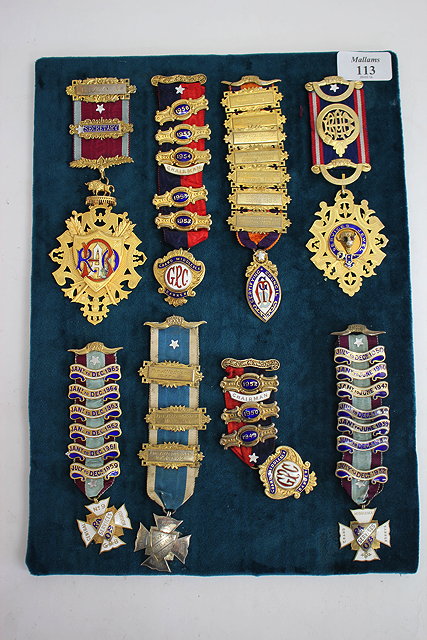 Appraisal: EIGHT SILVER AND ENAMELLED MASONIC MEDALS to include Pride of