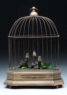 Appraisal: Modern Three Birds in Cage Automation Plays sporadically Birds in