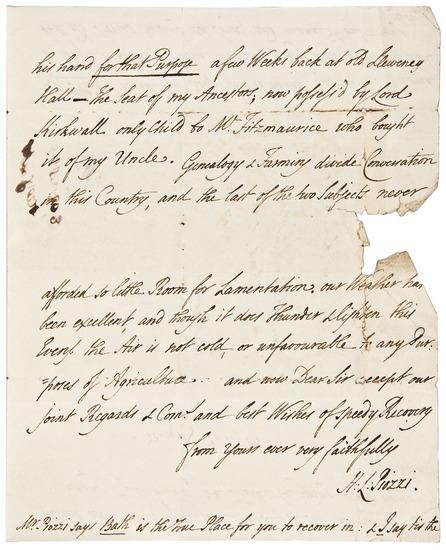 Appraisal: PIOZZI Hester Lynch Thrale - Autograph letter signed to James