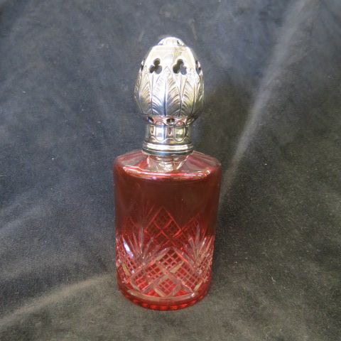 Appraisal: Dorflinger Cranberry Cut-to-Clear Perfume Burner sterling silver top diamond fan