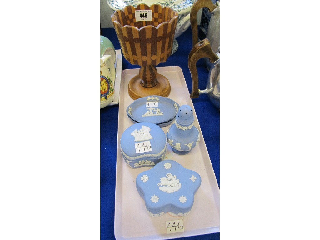 Appraisal: Lot comprising five pieces of Wedgwood Jasperware and a wooden