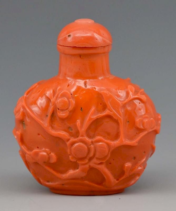 Appraisal: Chinese coral snuff bottle carved with cherry blossoms Chinese coral