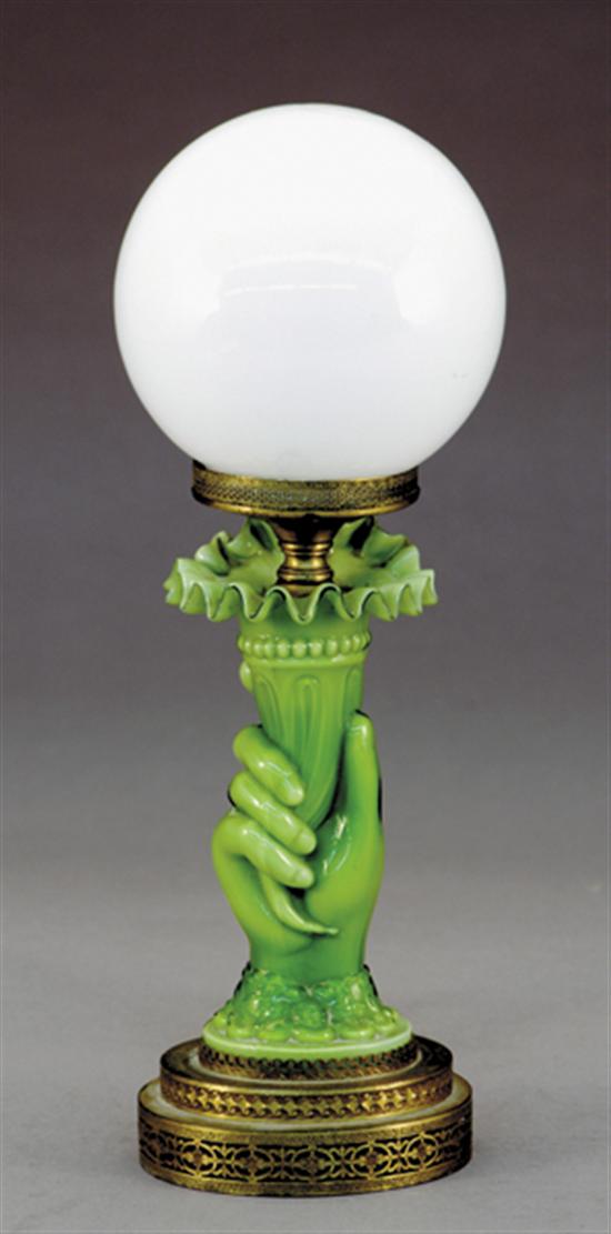 Appraisal: Green cased glass lamp cornucopia supported by woman's hand mounted