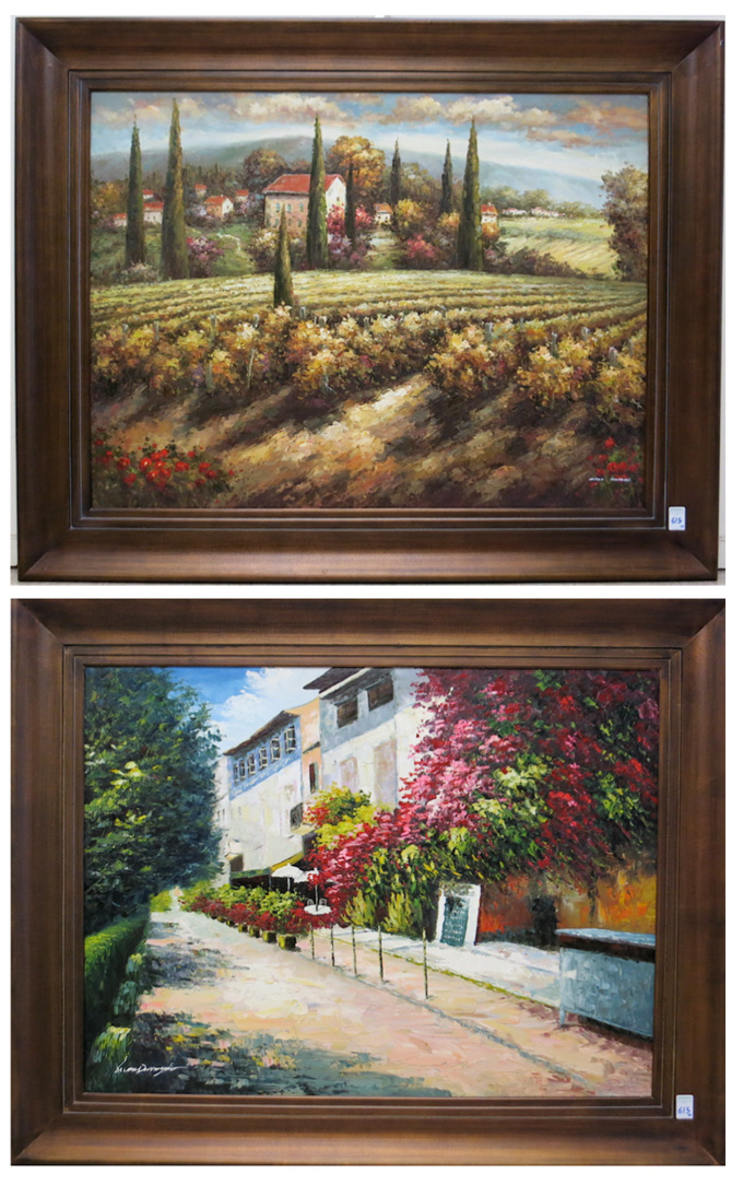 Appraisal: TWO LARGE OIL ON CANVAS LANDSCAPES a European village lane