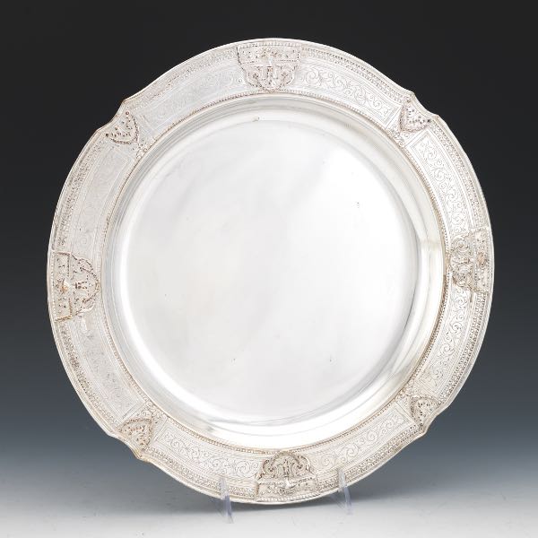 Appraisal: SILVER PLATED ORNATE TRAY x Deep round tray with wide