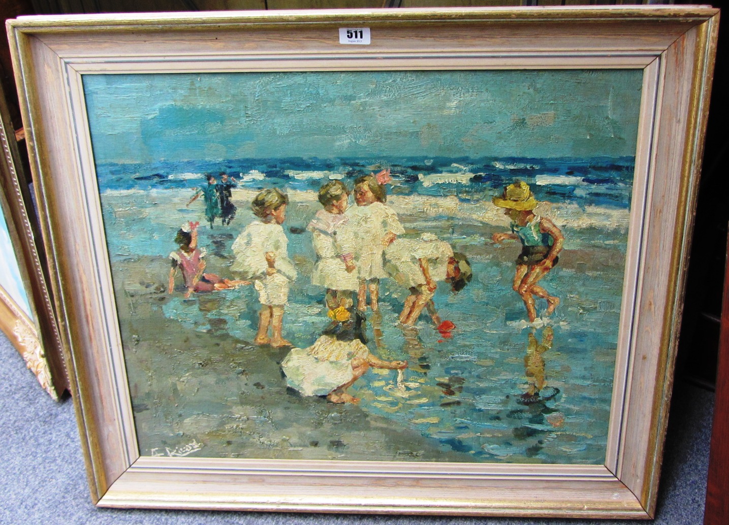 Appraisal: A Riccos th century Children playing on a beach oil