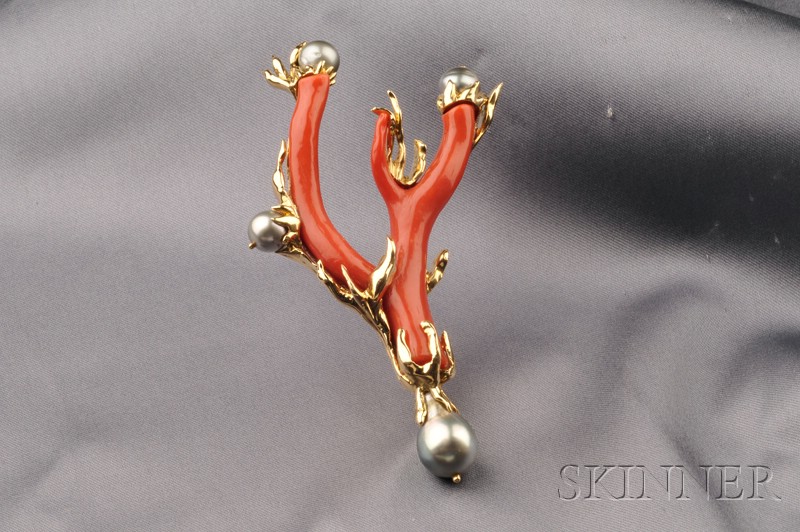 Appraisal: kt Gold Coral and Tahitian Baroque Pearl Brooch Tony Duquette