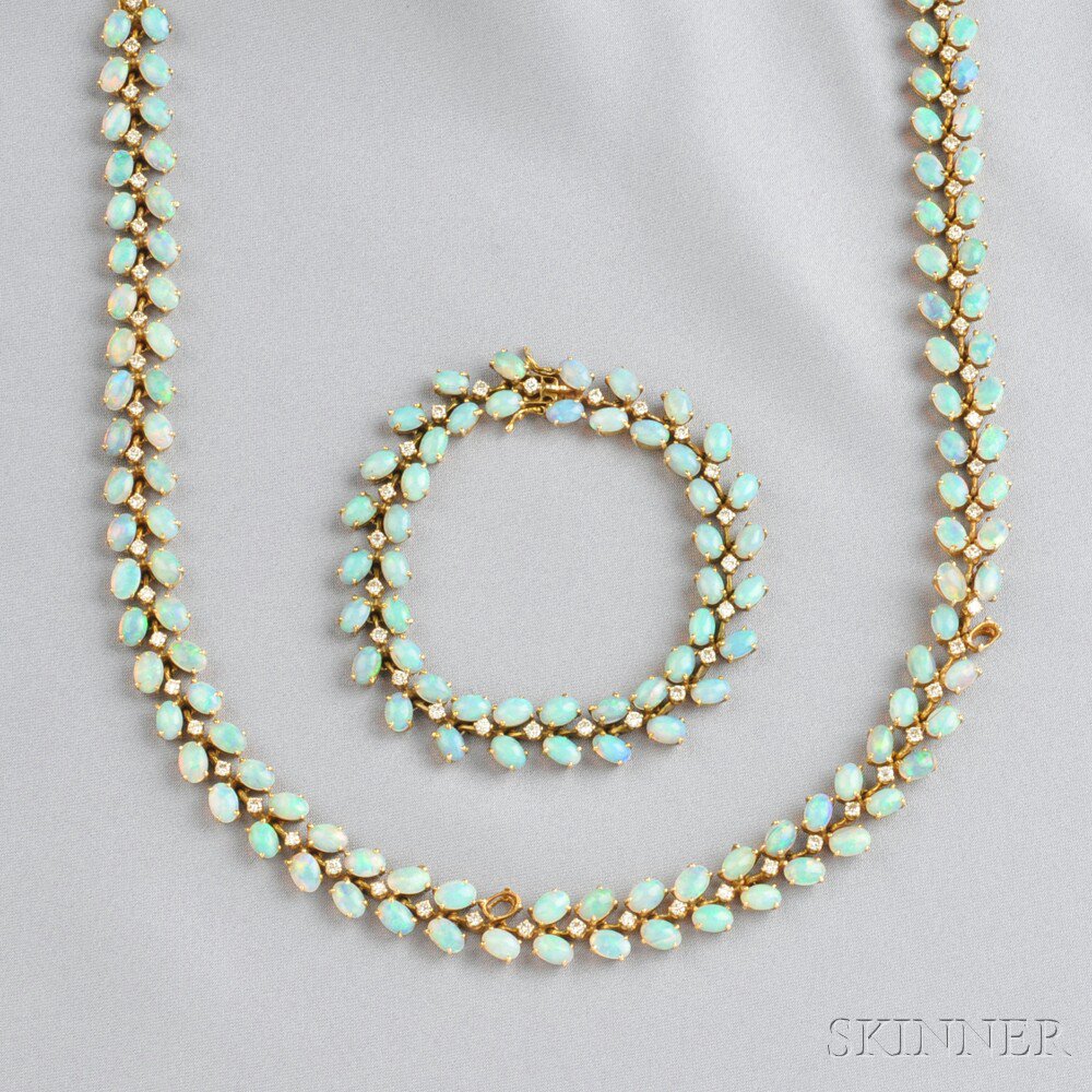 Appraisal: kt Gold Opal and Diamond Necklace and Bracelet prong-set with